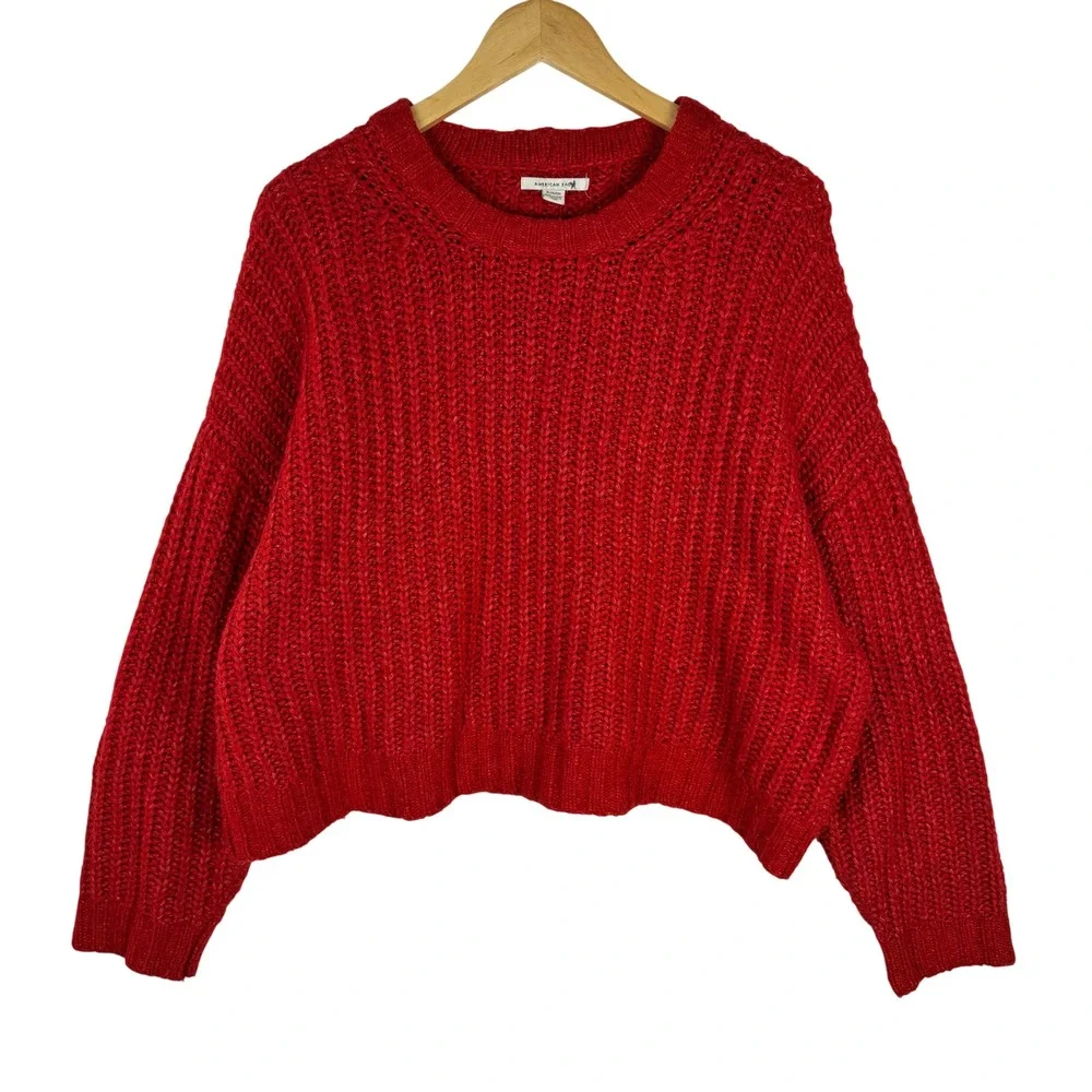 American Eagle Red Chunky Ribbed Knit Cropped Sweater Womens‎ XL Vibrant